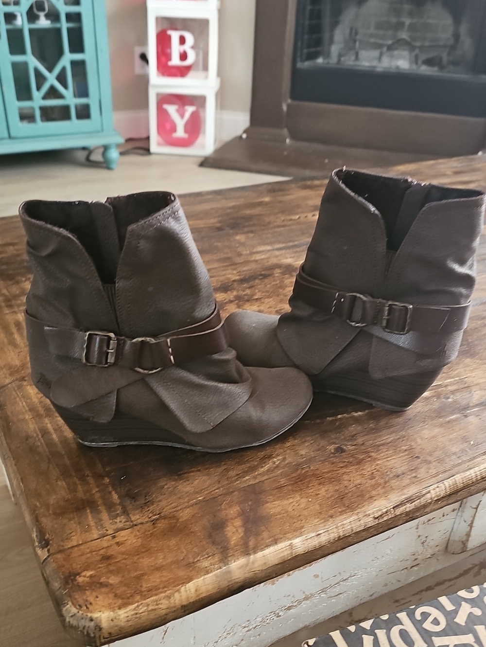Blowfish Brown Wedge Ankle Boots with Buckle Detail